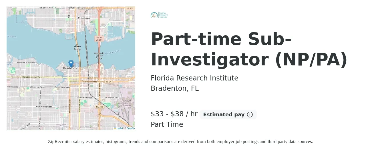 Florida Research Institute job posting for a Part-time Sub-Investigator (NP/PA) in Bradenton, FL with a salary of $35 to $40 Hourly with a map of Bradenton location.