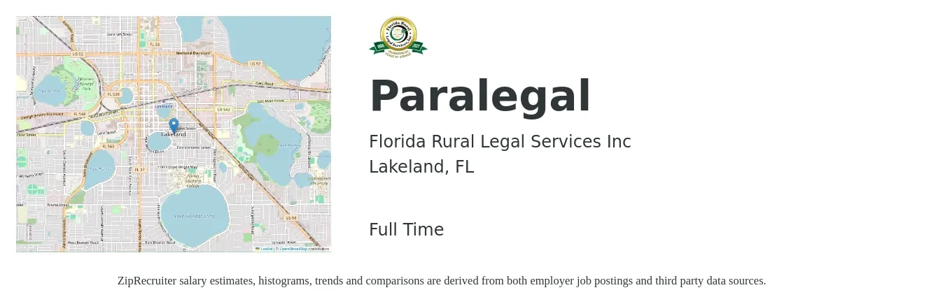 Florida Rural Legal Services Inc job posting for a Paralegal in Lakeland, FL with a salary of $44,400 to $63,400 Yearly with a map of Lakeland location.