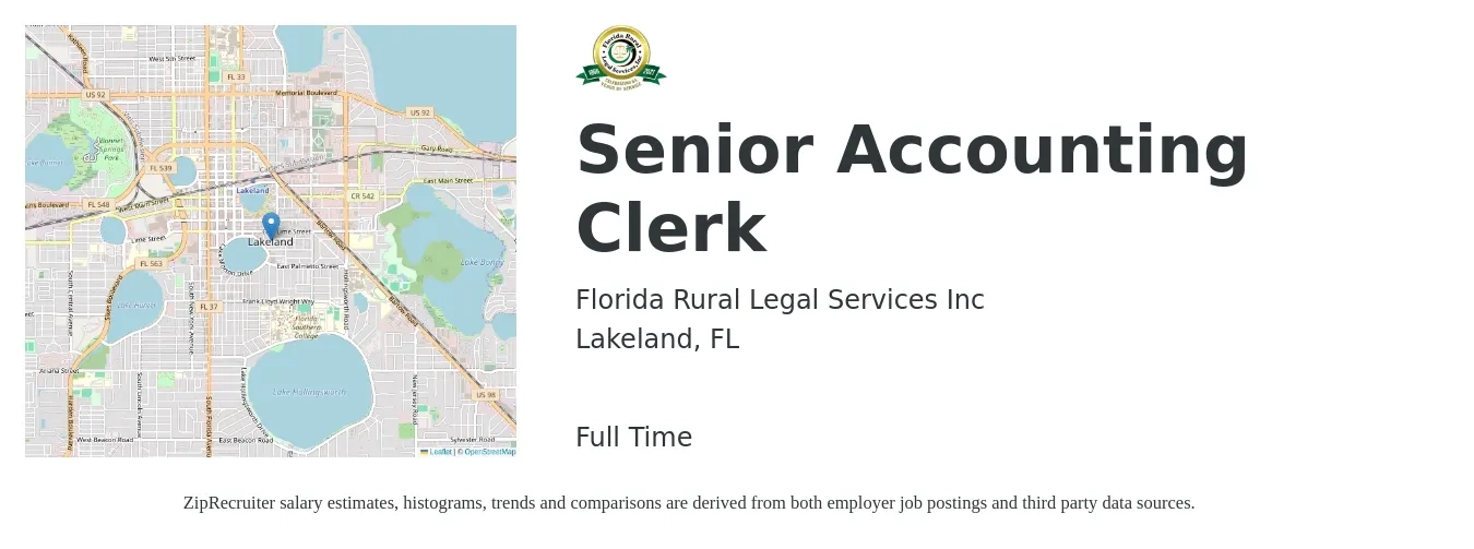 Florida Rural Legal Services Inc job posting for a Senior Accounting Clerk in Lakeland, FL with a salary of $20 to $25 Hourly with a map of Lakeland location.