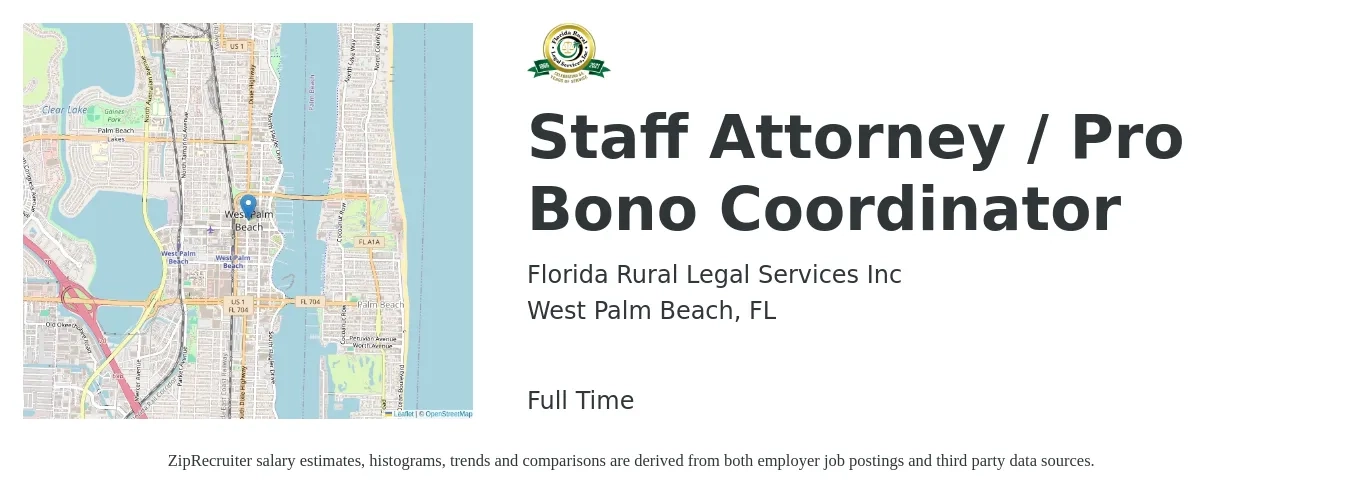 Florida Rural Legal Services Inc job posting for a Staff Attorney / Pro Bono Coordinator in West Palm Beach, FL with a salary of $68,200 to $102,500 Yearly with a map of West Palm Beach location.