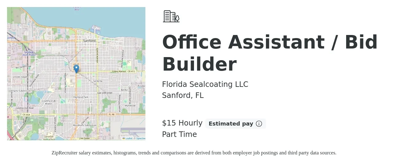 Florida Sealcoating LLC job posting for a Office Assistant / Bid Builder in Sanford, FL with a salary of $16 Hourly with a map of Sanford location.
