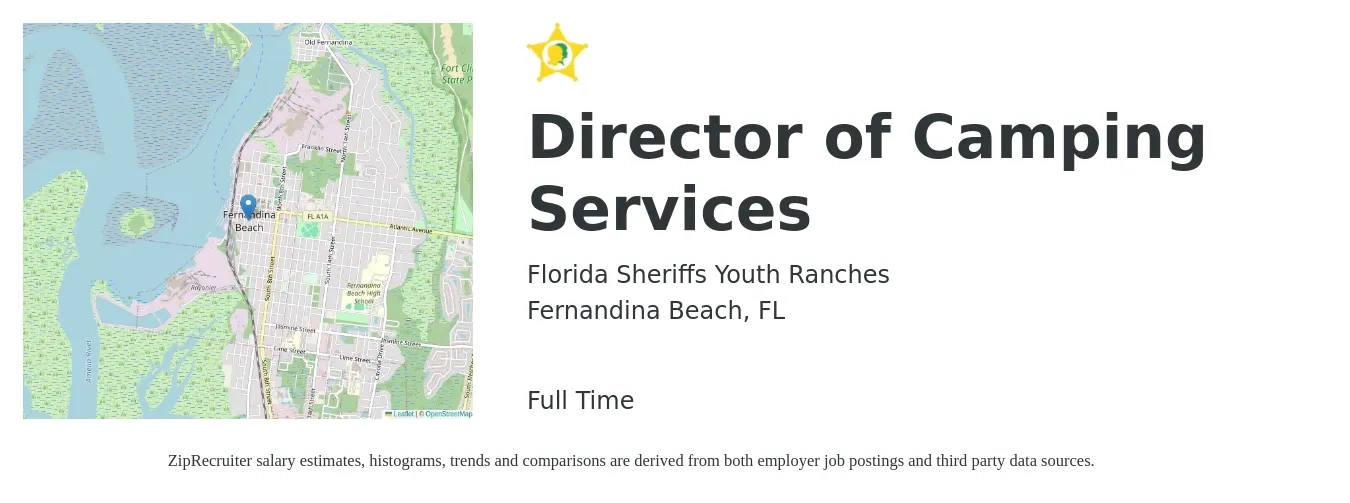 Florida Sheriffs Youth Ranches job posting for a Director of Camping Services in Fernandina Beach, FL with a salary of $81,500 to $139,400 Yearly with a map of Fernandina Beach location.