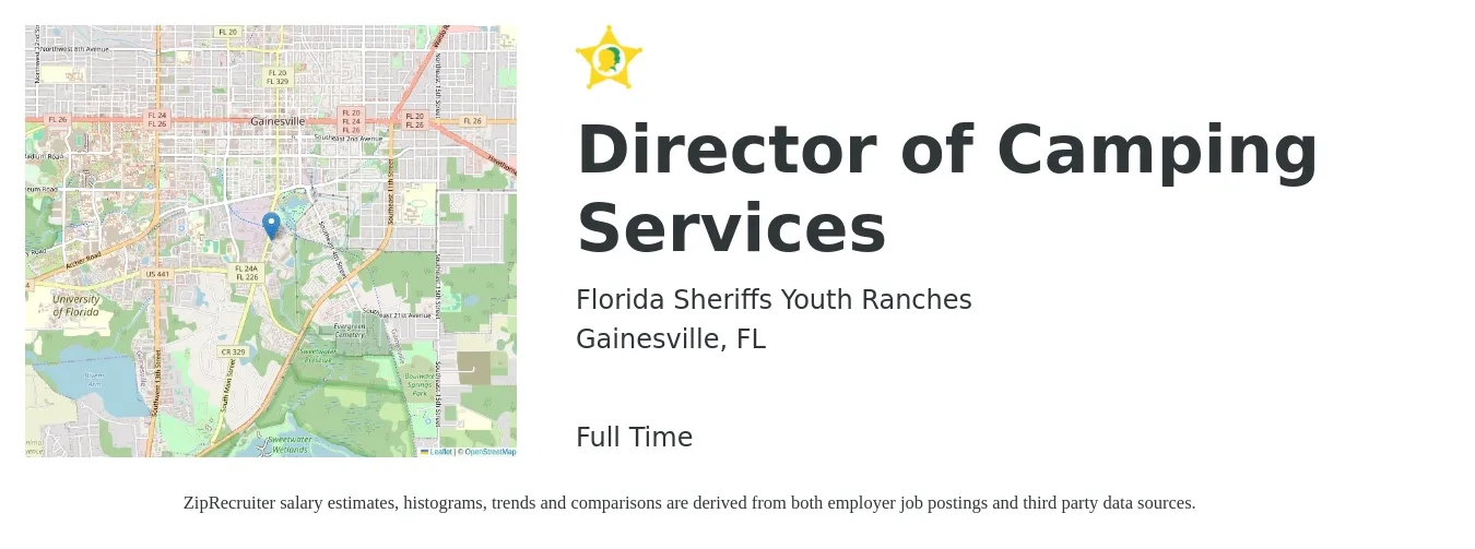 Florida Sheriffs Youth Ranches job posting for a Director of Camping Services in Gainesville, FL with a salary of $79,800 to $136,400 Yearly with a map of Gainesville location.