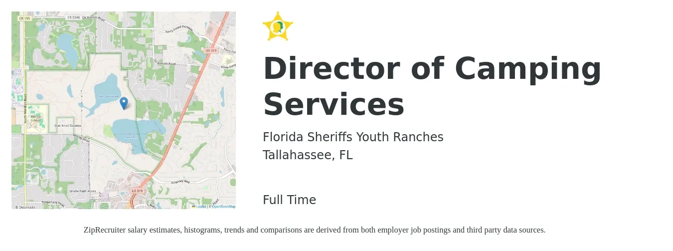 Florida Sheriffs Youth Ranches job posting for a Director of Camping Services in Tallahassee, FL with a salary of $83,600 to $142,900 Yearly with a map of Tallahassee location.