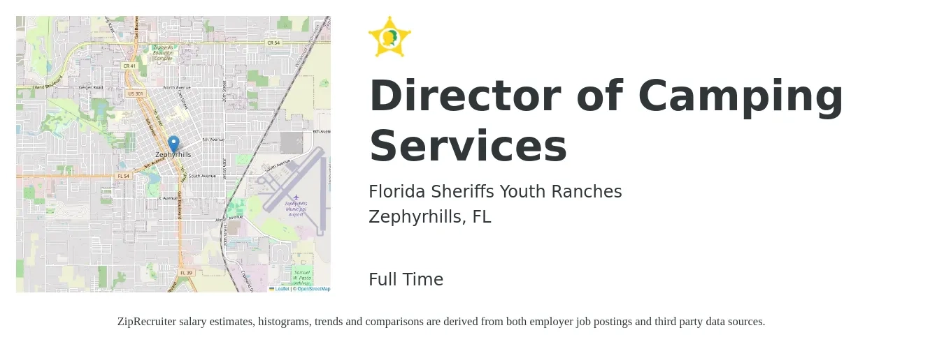 Florida Sheriffs Youth Ranches job posting for a Director of Camping Services in Zephyrhills, FL with a salary of $71,400 to $122,100 Yearly with a map of Zephyrhills location.