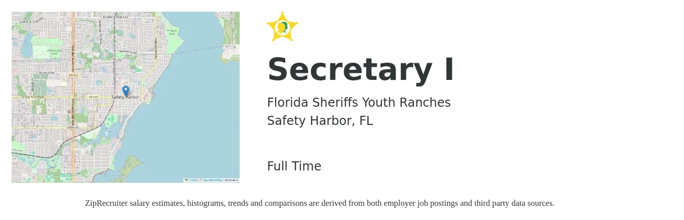 Florida Sheriffs Youth Ranches job posting for a Secretary I in Safety Harbor, FL with a salary of $14 Hourly with a map of Safety Harbor location.