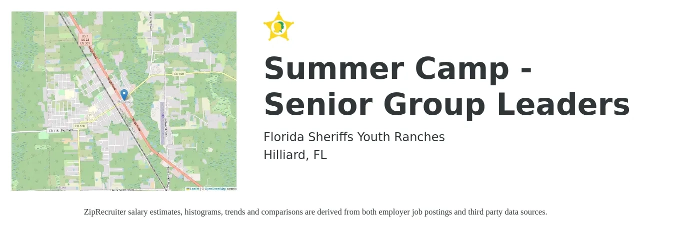Florida Sheriffs Youth Ranches job posting for a Summer Camp - Senior Group Leaders in Hilliard, FL with a salary of $360 Weekly with a map of Hilliard location.