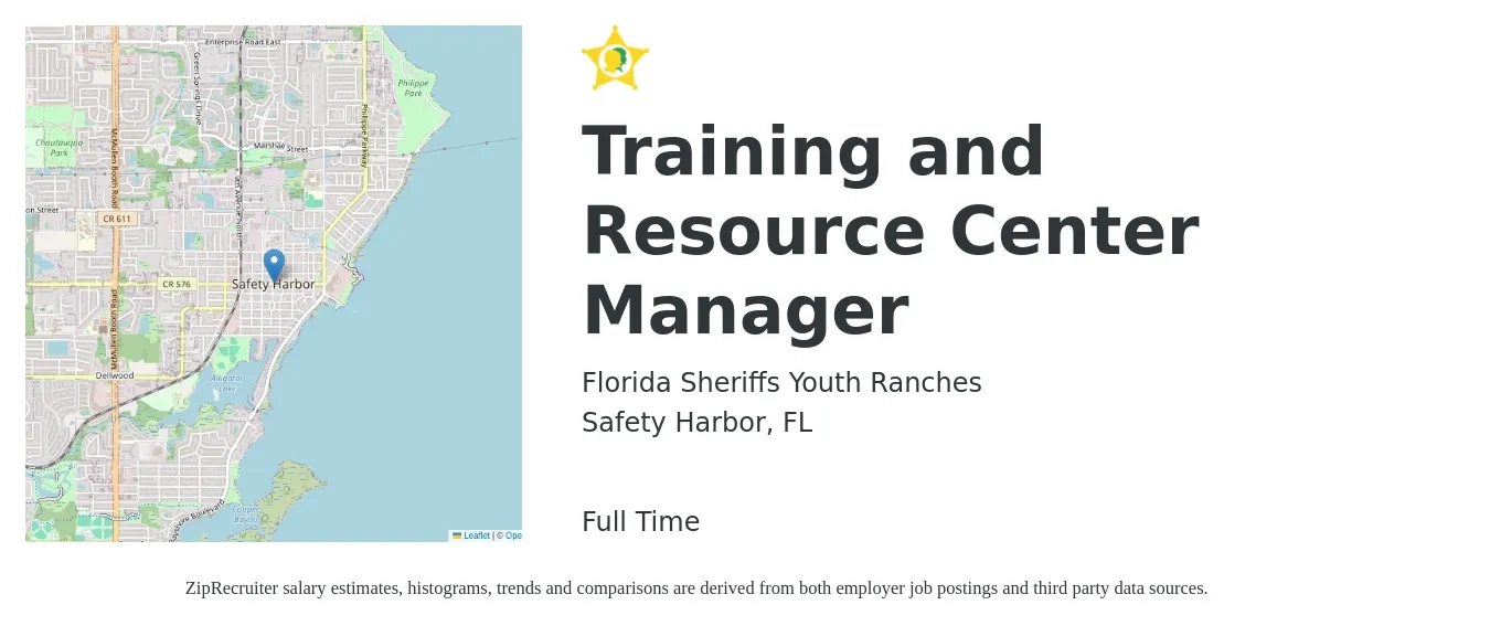 Florida Sheriffs Youth Ranches job posting for a Training and Resource Center Manager in Safety Harbor, FL with a salary of $42,700 to $72,900 Yearly with a map of Safety Harbor location.
