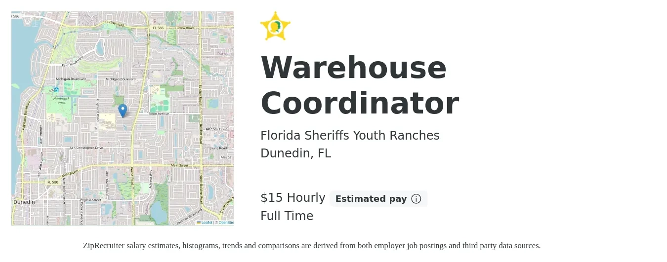 Florida Sheriffs Youth Ranches job posting for a Warehouse Coordinator in Dunedin, FL with a salary of $16 Hourly with a map of Dunedin location.