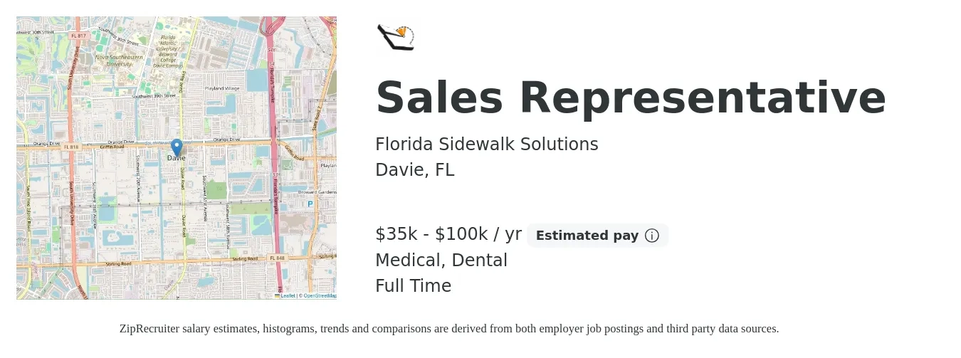 Florida Sidewalk Solutions job posting for a Sales Representative in Davie, FL with a salary of $35,000 to $100,000 Yearly and benefits including dental, medical, and retirement with a map of Davie location.