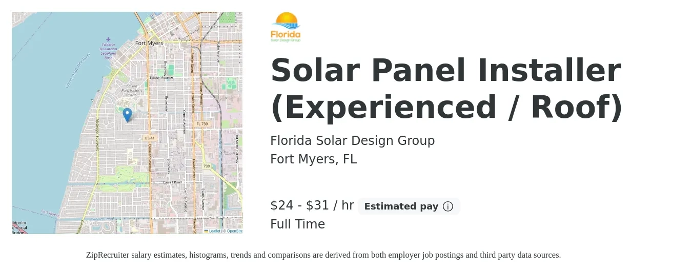 Florida Solar Design Group job posting for a Solar Panel Installer (Experienced / Roof) in Fort Myers, FL with a salary of $25 to $32 Hourly with a map of Fort Myers location.