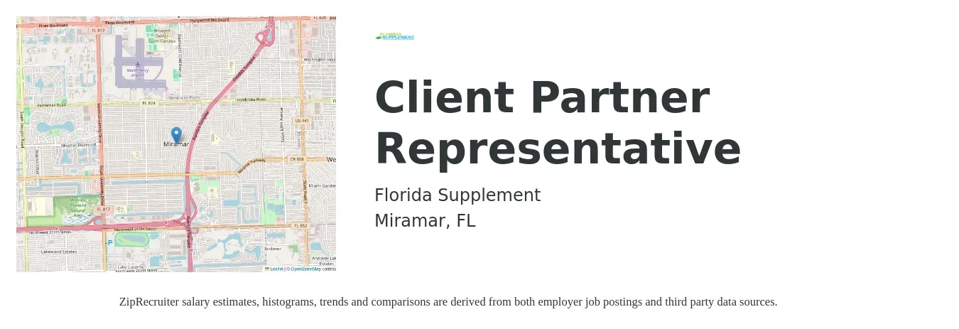 Florida Supplement job posting for a Client Partner Representative in Miramar, FL with a salary of $15 to $20 Hourly with a map of Miramar location.