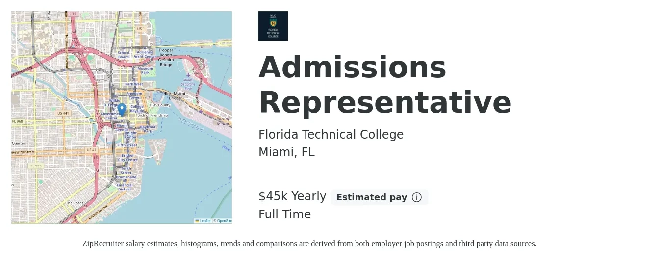 Florida Technical College job posting for a Admissions Representative in Miami, FL with a salary of $45,360 Yearly with a map of Miami location.