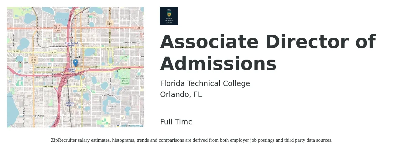 Florida Technical College job posting for a Associate Director of Admissions in Orlando, FL with a salary of $43,500 to $65,300 Yearly with a map of Orlando location.