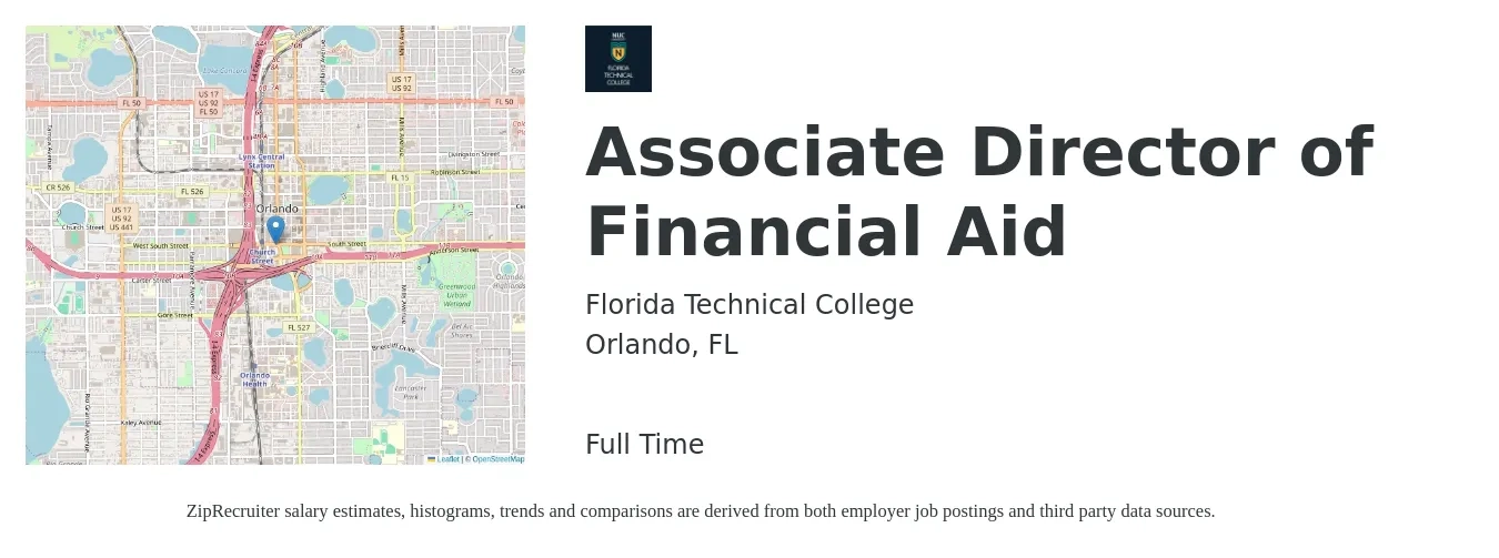 Florida Technical College job posting for a Associate Director of Financial Aid in Orlando, FL with a salary of $47,900 to $64,800 Yearly with a map of Orlando location.