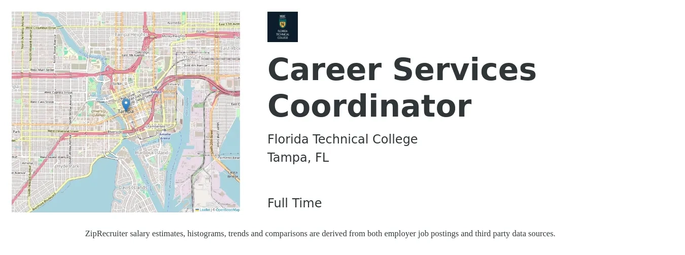Florida Technical College job posting for a Career Services Coordinator in Tampa, FL with a salary of $19 to $28 Hourly with a map of Tampa location.