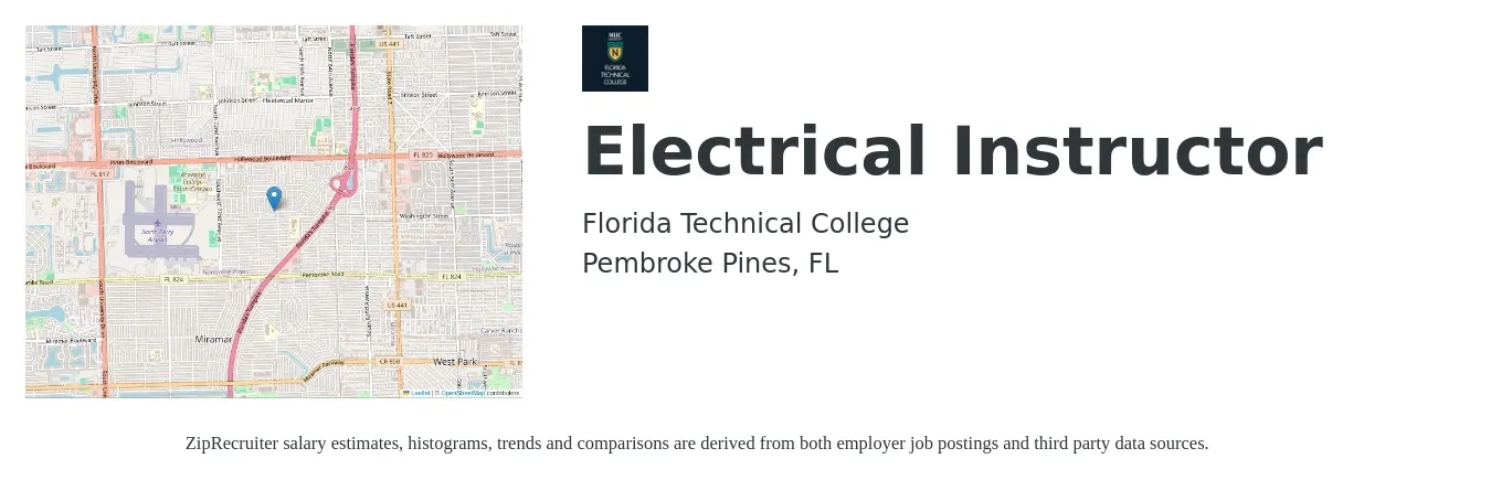 Florida Technical College job posting for a Electrical Instructor in Pembroke Pines, FL with a salary of $24 to $34 Hourly with a map of Pembroke Pines location.