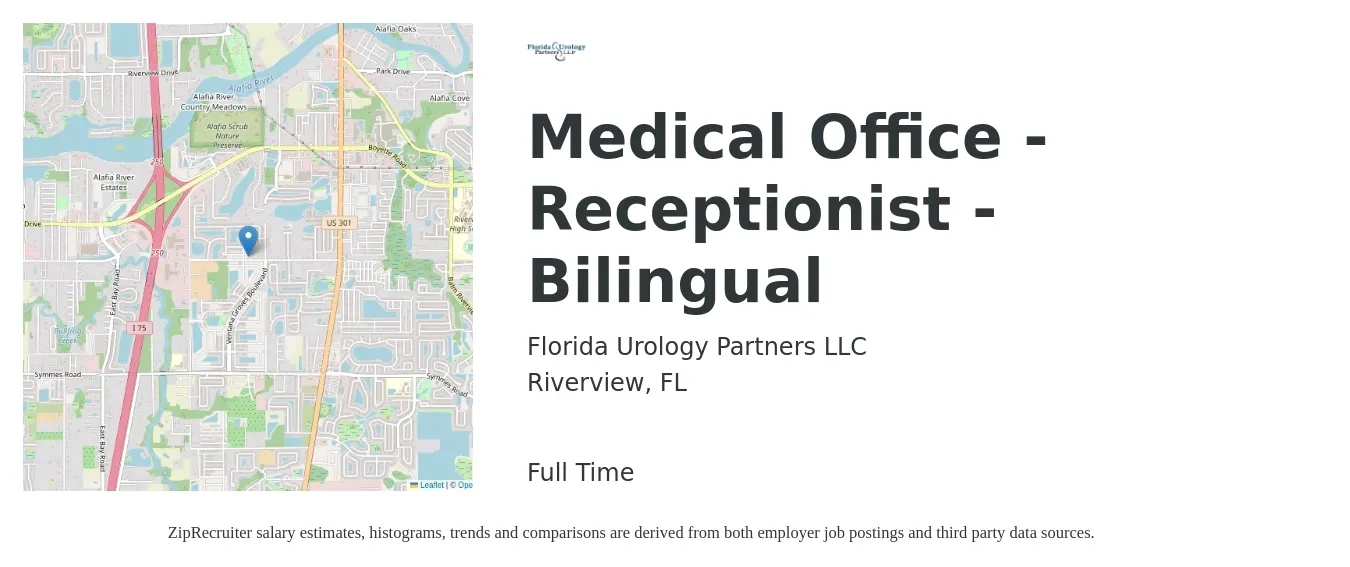 Florida Urology Partners LLP job posting for a Medical Office - Receptionist - Bilingual in Riverview, FL with a salary of $15 to $18 Hourly with a map of Riverview location.