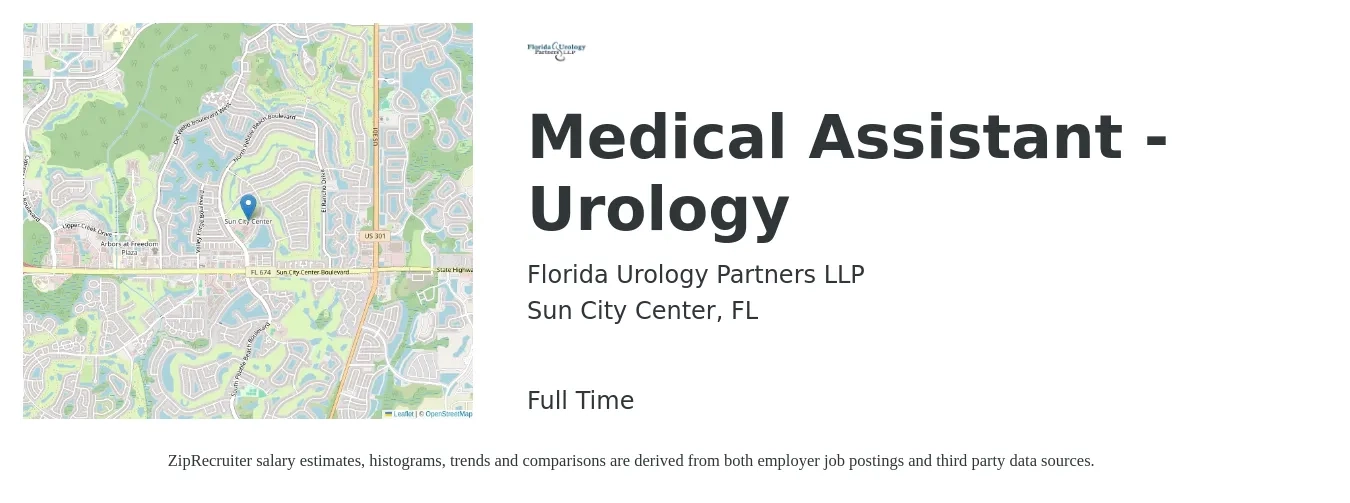 Florida Urology Partners LLP job posting for a Medical Assistant - Urology in Sun City Center, FL with a salary of $14 to $18 Hourly with a map of Sun City Center location.