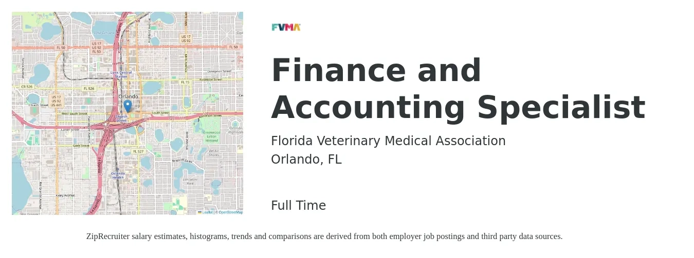 Florida Veterinary Medical Association job posting for a Finance and Accounting Specialist in Orlando, FL with a salary of $20 to $27 Hourly with a map of Orlando location.