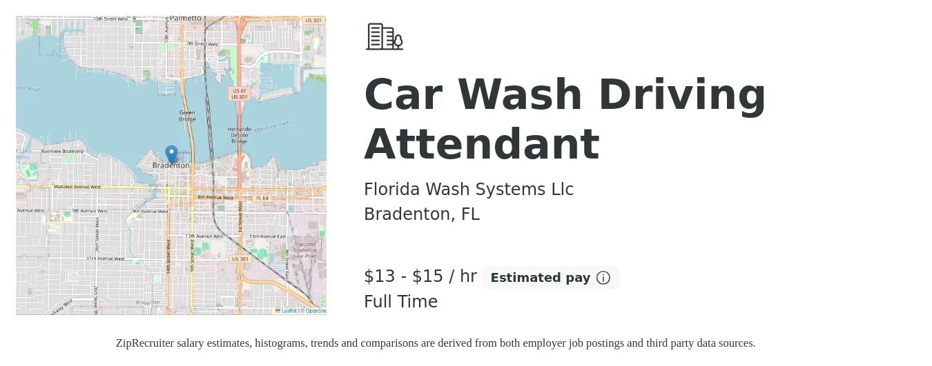 Florida Wash Systems Llc job posting for a Car Wash Driving Attendant in Bradenton, FL with a salary of $14 to $16 Hourly with a map of Bradenton location.