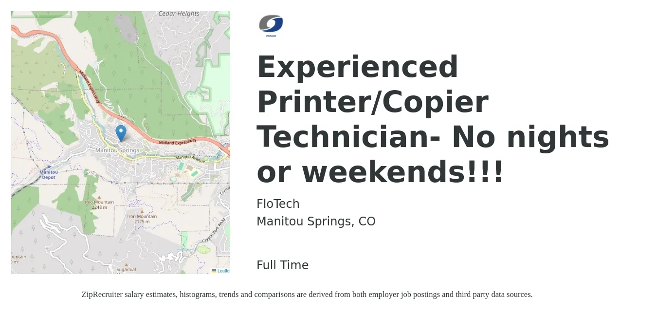 FloTech job posting for a Experienced Printer/Copier Technician- No nights or weekends!!! in Manitou Springs, CO with a salary of $25 to $30 Hourly with a map of Manitou Springs location.