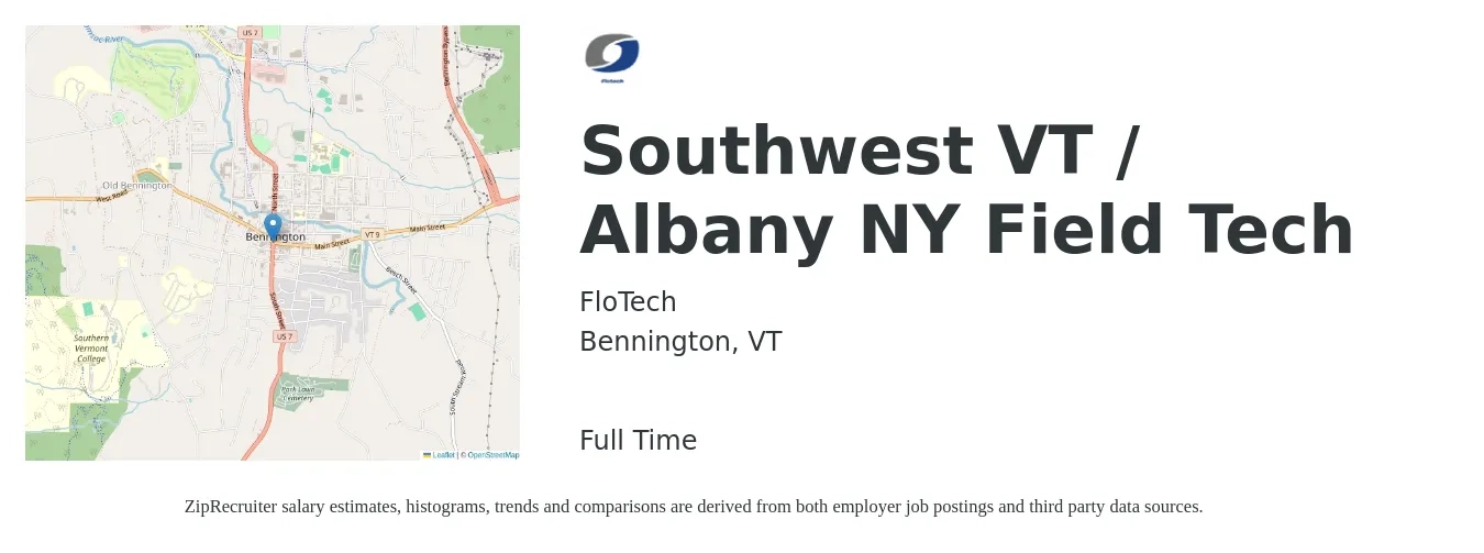 FloTech job posting for a Southwest VT / Albany NY Field Tech in Bennington, VT with a salary of $21 to $29 Hourly with a map of Bennington location.
