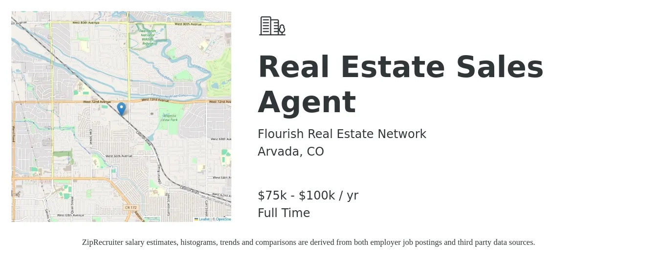 Flourish Real Estate Network job posting for a Real Estate Sales Agent in Arvada, CO with a salary of $75,000 to $100,000 Yearly with a map of Arvada location.