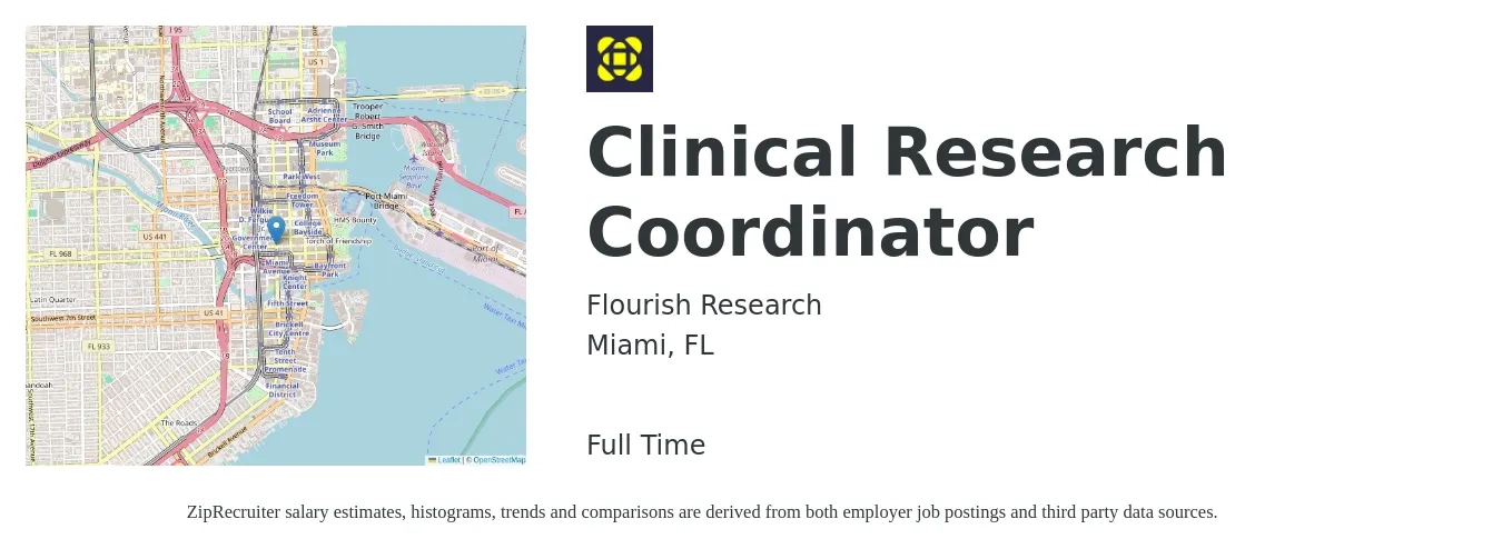 Flourish Research job posting for a Clinical Research Coordinator in Miami, FL with a salary of $23 to $31 Hourly with a map of Miami location.