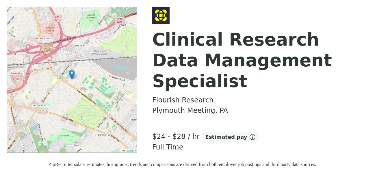 Flourish Research job posting for a Clinical Research Data Management Specialist in Plymouth Meeting, PA with a salary of $25 to $30 Hourly with a map of Plymouth Meeting location.