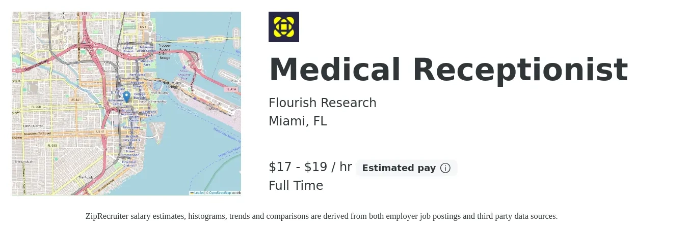 Flourish Research job posting for a Medical Receptionist in Miami, FL with a salary of $18 to $20 Hourly with a map of Miami location.