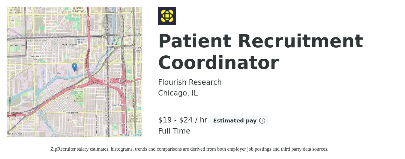 Flourish Research job posting for a Patient Recruitment Coordinator in Chicago, IL with a salary of $20 to $25 Hourly with a map of Chicago location.