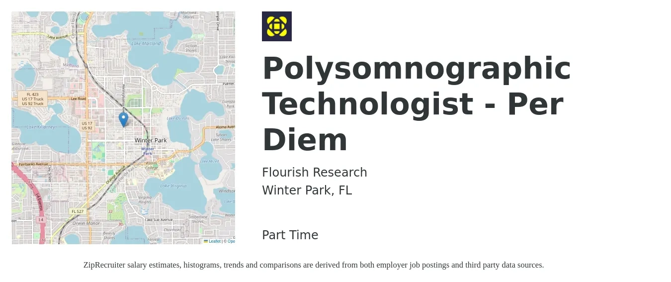 Flourish Research job posting for a Polysomnographic Technologist - Per Diem in Winter Park, FL with a salary of $35 Hourly with a map of Winter Park location.