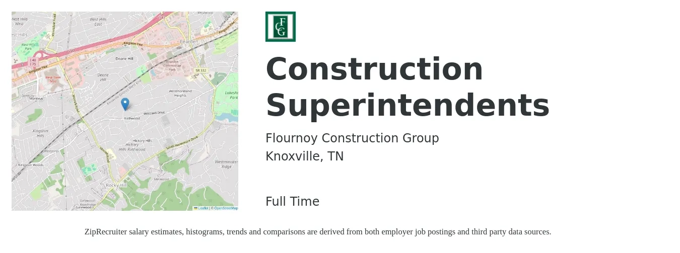 Flournoy Construction Group job posting for a Construction Superintendents in Knoxville, TN with a salary of $59,500 to $96,700 Yearly with a map of Knoxville location.
