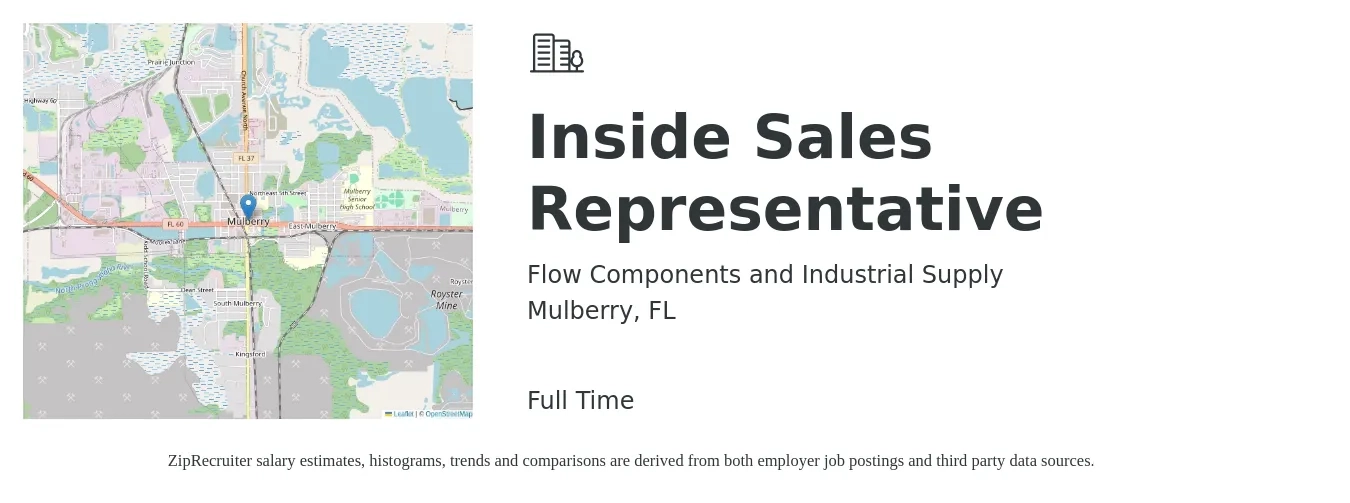 Flow Components and Industrial Supply job posting for a Inside Sales Representative in Mulberry, FL with a salary of $34,200 to $51,100 Yearly with a map of Mulberry location.