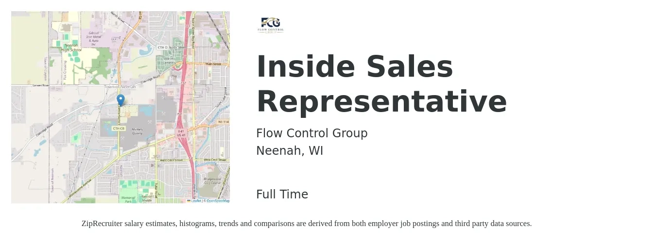 Flow Control Group job posting for a Inside Sales Representative in Neenah, WI with a salary of $39,900 to $59,600 Yearly with a map of Neenah location.