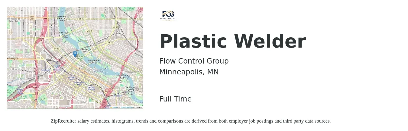 Flow Control Group job posting for a Plastic Welder in Minneapolis, MN with a salary of $17 Hourly with a map of Minneapolis location.