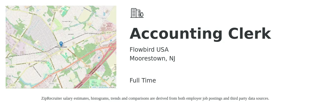 Flowbird USA job posting for a Accounting Clerk in Moorestown, NJ with a salary of $18 to $24 Hourly with a map of Moorestown location.