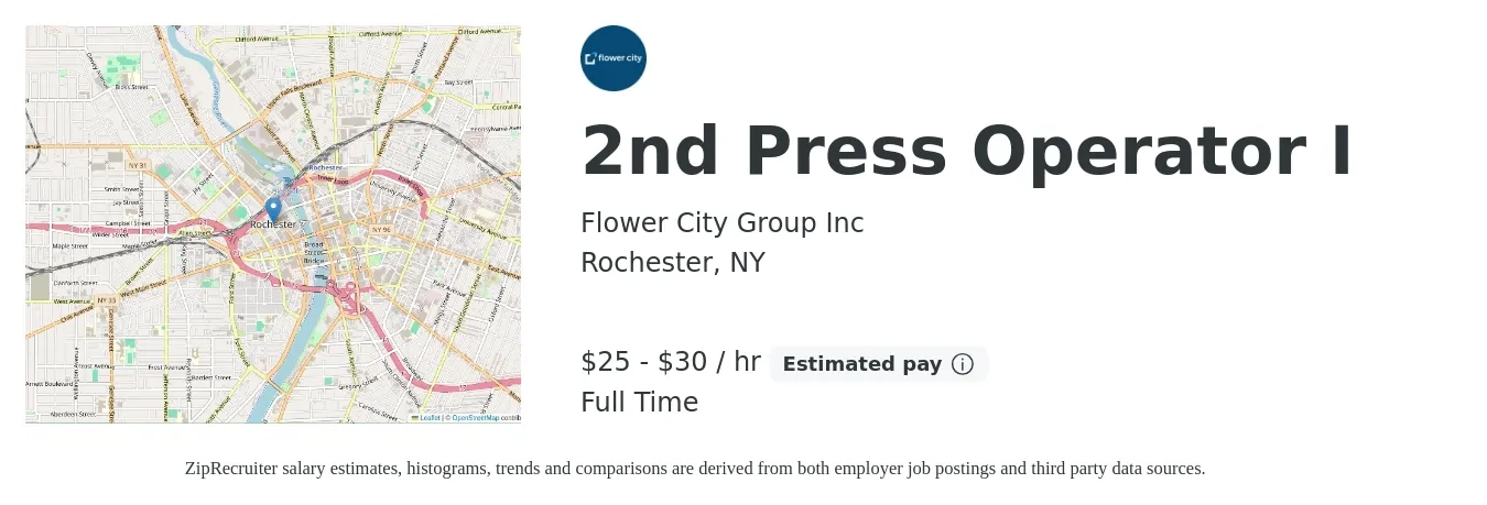 Flower City Group Inc job posting for a 2nd Press Operator I in Rochester, NY with a salary of $26 to $32 Hourly with a map of Rochester location.