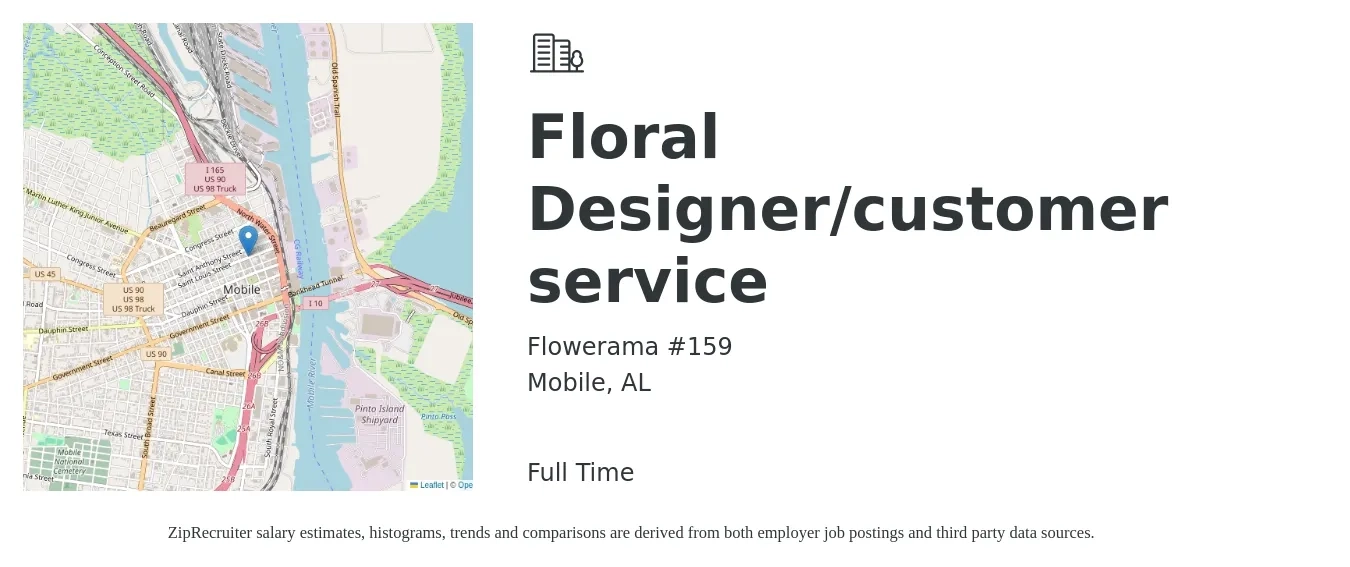 Flowerama #159 job posting for a Floral Designer/customer service in Mobile, AL with a salary of $15 to $20 Hourly with a map of Mobile location.