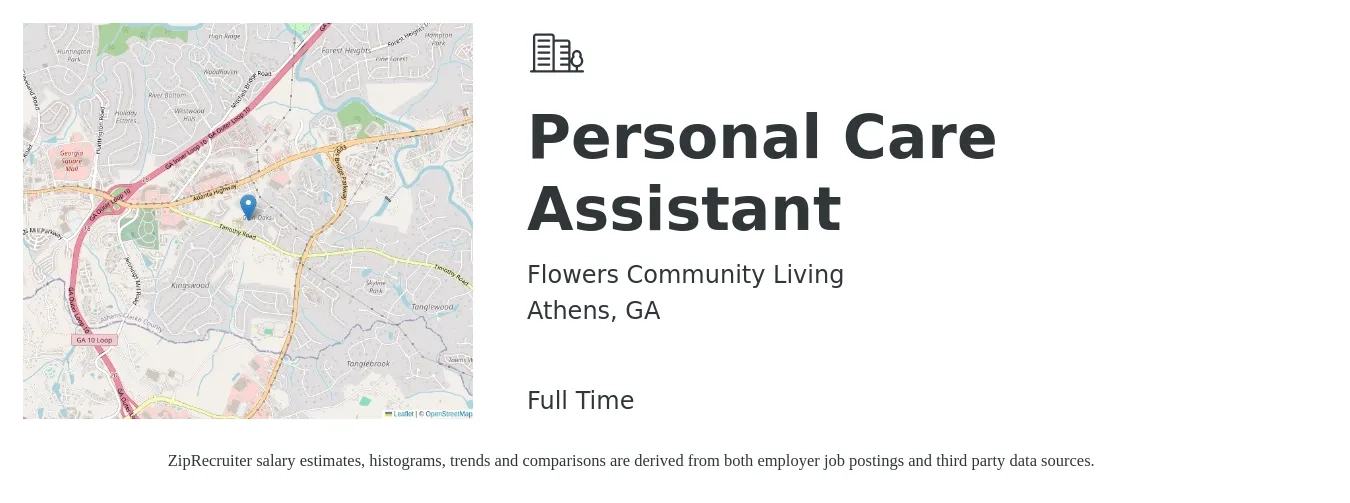 Flowers Community Living job posting for a Personal Care Assistant in Athens, GA with a salary of $17 Hourly with a map of Athens location.