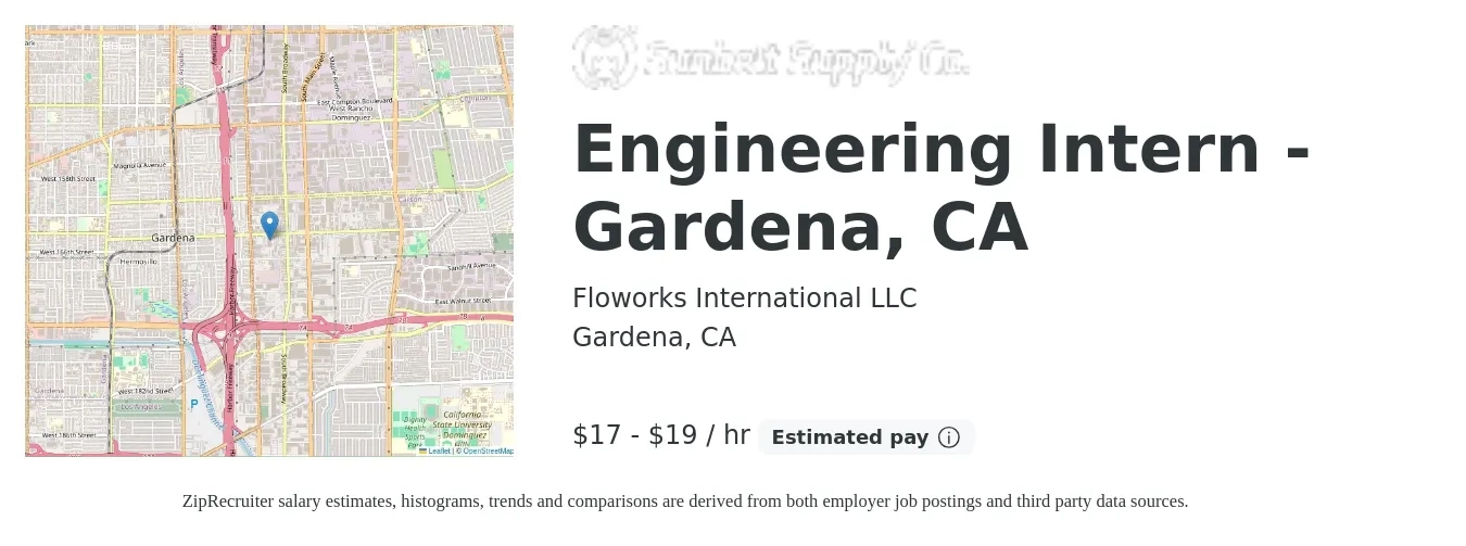 Floworks International LLC job posting for a Engineering Intern - Gardena, CA in Gardena, CA with a salary of $18 to $20 Hourly with a map of Gardena location.