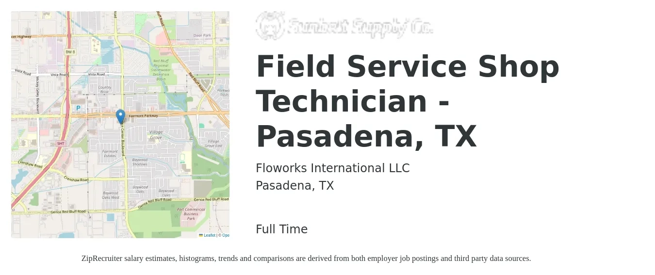 Floworks International LLC job posting for a Field Service Shop Technician - Pasadena, TX in Pasadena, TX with a salary of $18 to $27 Hourly with a map of Pasadena location.