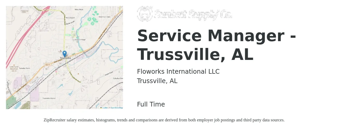 Floworks International LLC job posting for a Service Manager - Trussville, AL in Trussville, AL with a salary of $47,700 to $73,900 Yearly with a map of Trussville location.