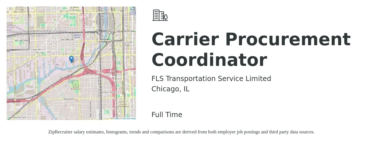 FLS Transportation Service Limited job posting for a Carrier Procurement Coordinator in Chicago, IL with a salary of $49,500 to $78,900 Yearly with a map of Chicago location.