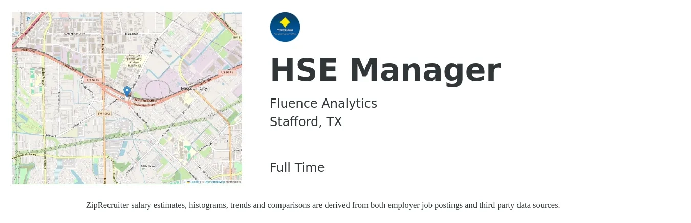 Fluence Analytics job posting for a HSE Manager in Stafford, TX with a salary of $69,600 to $104,000 Yearly with a map of Stafford location.