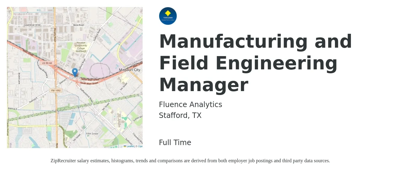 Fluence Analytics job posting for a Manufacturing and Field Engineering Manager in Stafford, TX with a salary of $44,800 to $74,900 Yearly with a map of Stafford location.