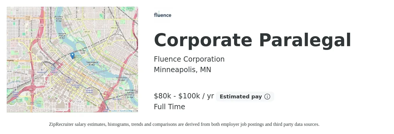 Fluence Corporation job posting for a Corporate Paralegal in Minneapolis, MN with a salary of $80,000 to $100,000 Yearly with a map of Minneapolis location.