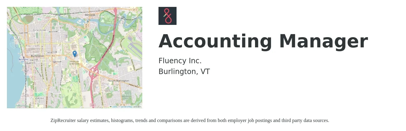 Fluency Inc. job posting for a Accounting Manager in Burlington, VT with a salary of $76,900 to $110,400 Yearly with a map of Burlington location.