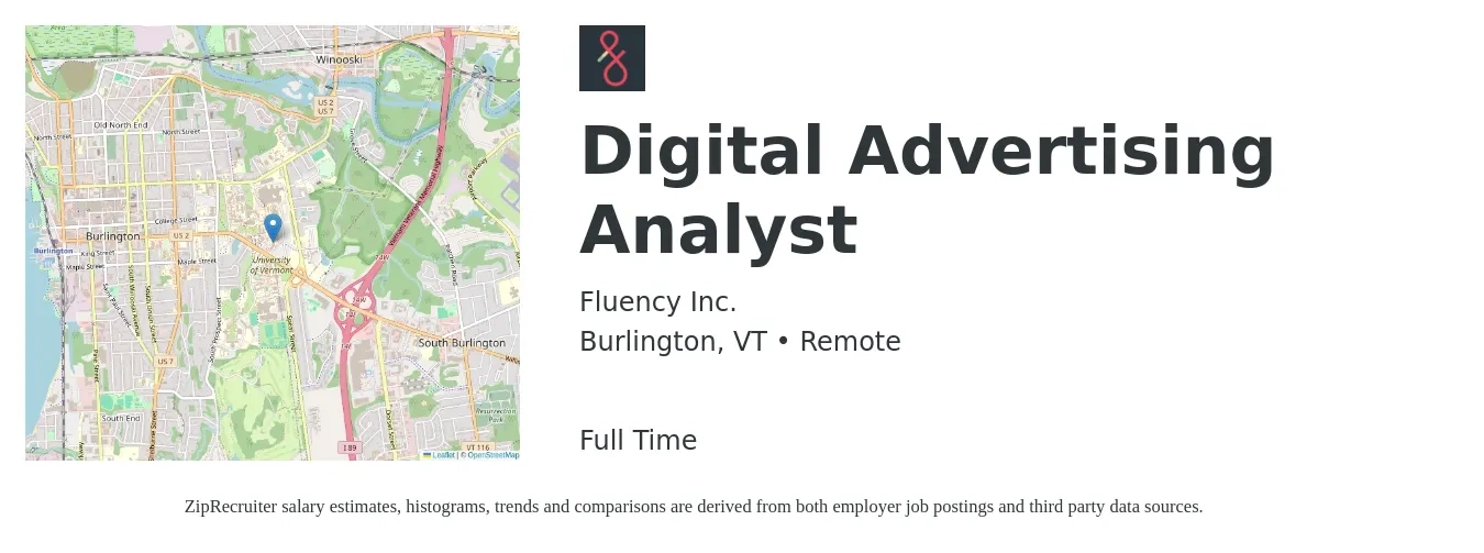 Fluency Inc. job posting for a Digital Advertising Analyst in Burlington, VT with a salary of $54,200 to $64,100 Yearly with a map of Burlington location.